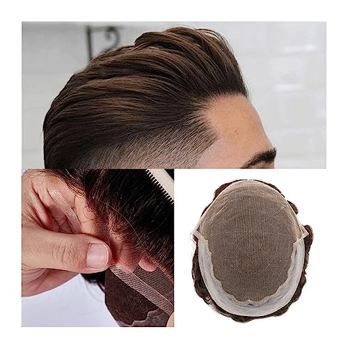 Perücke Männer Toupet for Männer, französische Spitze und PU-Basis, Herren-Toupet, 15,2 cm, Echthaar, Systemeinheit, Toupet, 30 Wellen, Perücke, mittlere Dichte, langlebige männliche Haarprothese Toup