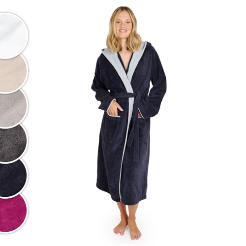 Blumtal Bademantel Damen, kuschelig weicher Bademantel Damen Baumwolle mit gefütterter Kapuze und samtigen Frottee-Velours, Oeko-TEX® Zertifiziert, Größe M, Dark ocean blue und blau