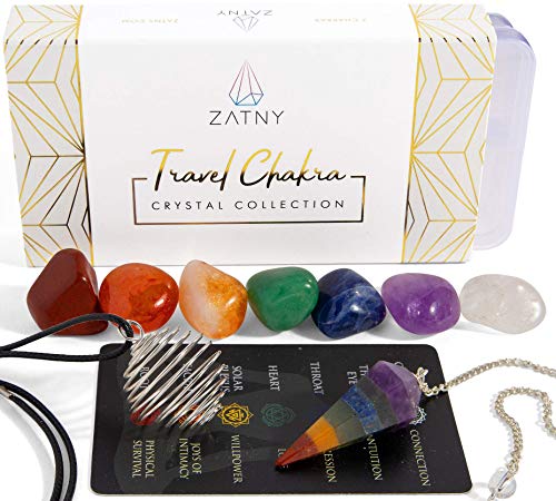 ZATNY Reise-Chakra-Kristall-Kollektion – 7 Chakra-Set Trommelsteine, Chakra-Pendel, austauschbare Käfig-Halskette, Referenzkarte, tragbares Etui, eBook