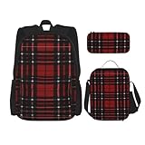 WURTON Roter und schwarzer karierter Druck, trendige Rucksacktaschen, Lunchbox und Federmäppchen, 3-in-1, verstellbarer Rucksack-Set, Schwarz , Einheitsgröße