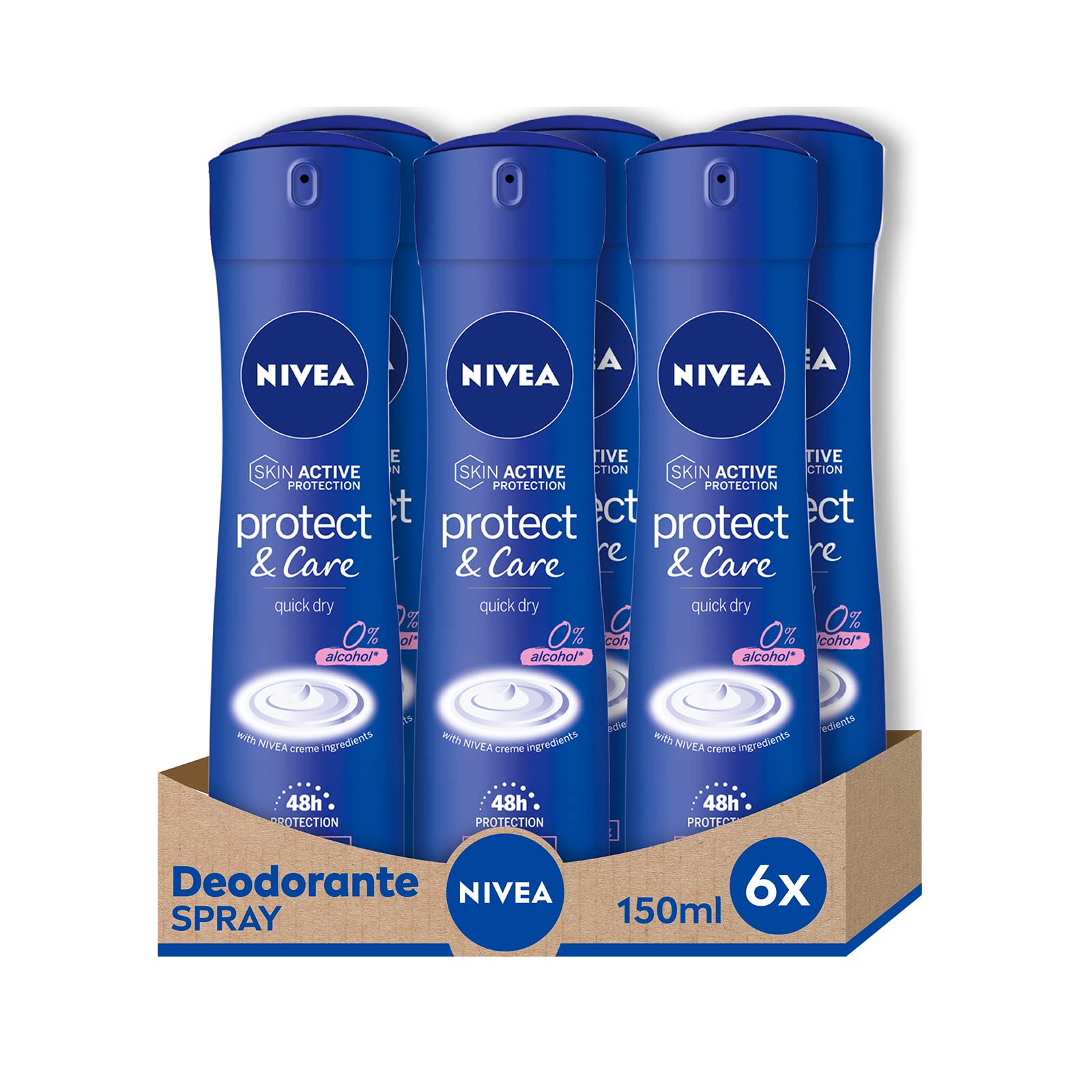 NIVEA Protect & Care Deospray 6 x 150 ml, Antitranspirant Deo ohne Ethylalkohol, duftendes und nicht reizendes Deodorant für effektiven Schutz