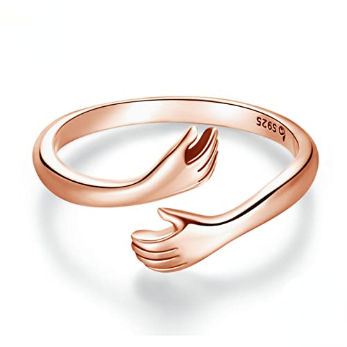 WINDEHAO Umarmungsring aus 925er-Sterlingsilber, für Damen, verstellbarer Ring mit offenen Händen, Abschlussfeier, Geburtstag, Freundschaft, Schmuck, Geschenk (Roségold, offen)