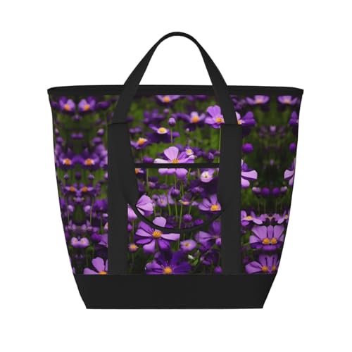 YQxwJL Isolierte Kühltasche mit violettem Blumendruck, große Kapazität, Einkaufstasche, Reisetasche, Strand, wiederverwendbare Einkaufstasche für Erwachsene, Schwarz, Einheitsgröße