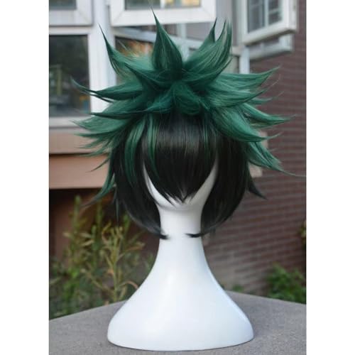 WCCNKK My Hero Academia Midoriya Izuku Cosplay Perücken Schwarzes, Grünes Lockiges Haar Mit Farbverlauf Synthetische Haare Perücke + Perücke Kappe, Dekorative Accessoires, Anime-Fan-Geschenk