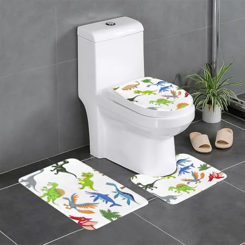 Cartoon-Dinosaurier-Bilderdruck, Set mit 3 Polyester-Badezimmerteppichen, stilvolles, funktionales Badezimmerteppich-Set