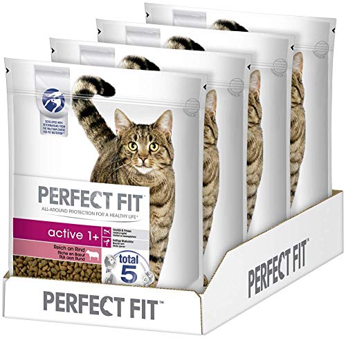 Perfect Fit Active 1+ – Trockenfutter für erwachsene, aktive Katzen ab 1 Jahr – Reich an Rind – Unterstützt die Vitalität – 4 x 1,4 kg