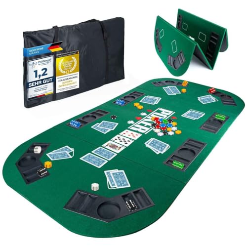 GOODS+GADGETS XXL Pokertisch-Auflage 160 x 80 cm Faltbare Pokerauflage; Poker-Zubehör Pokermatte Tisch-Auflage mit hochwertigem Filz; mit 8 Getränkehaltern; mobil & klappbar