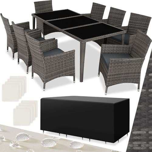 TecTake 800104 Aluminium Poly Rattan Essgruppe, 8 Stühle + 1 Esstisch mit Glasplatten, inkl. 2 Bezugssets und Schutzhülle - Diverse Farben (Grau | Nr. 403084)