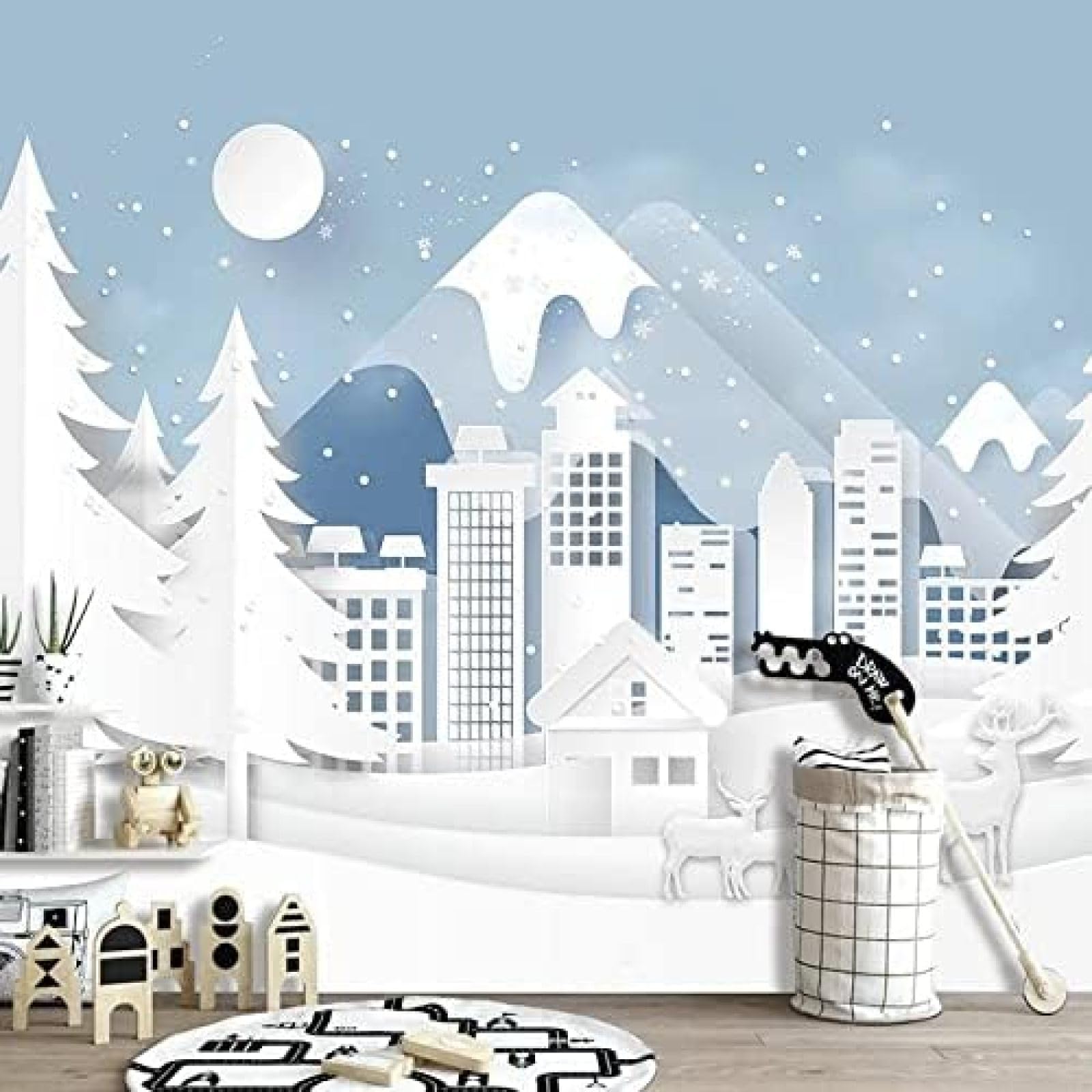 XLMING Handgemalte Karikatur Elch Waldhaus Schnee Berg Kinderzimmer 3D Tapete Wohnzimmer Sofa Schlafzimmer Esszimmer Home Dekoration Wand-250cm×170cm