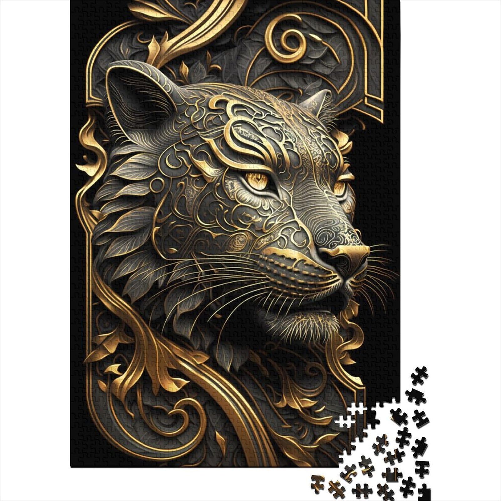 1000-teiliges Puzzle für Erwachsene Teenager, Tiger Golden Art Deco Puzzles Puzzles für Erwachsene Teenager Entspannungspuzzles Spiele-Denkspiel 75x50cm