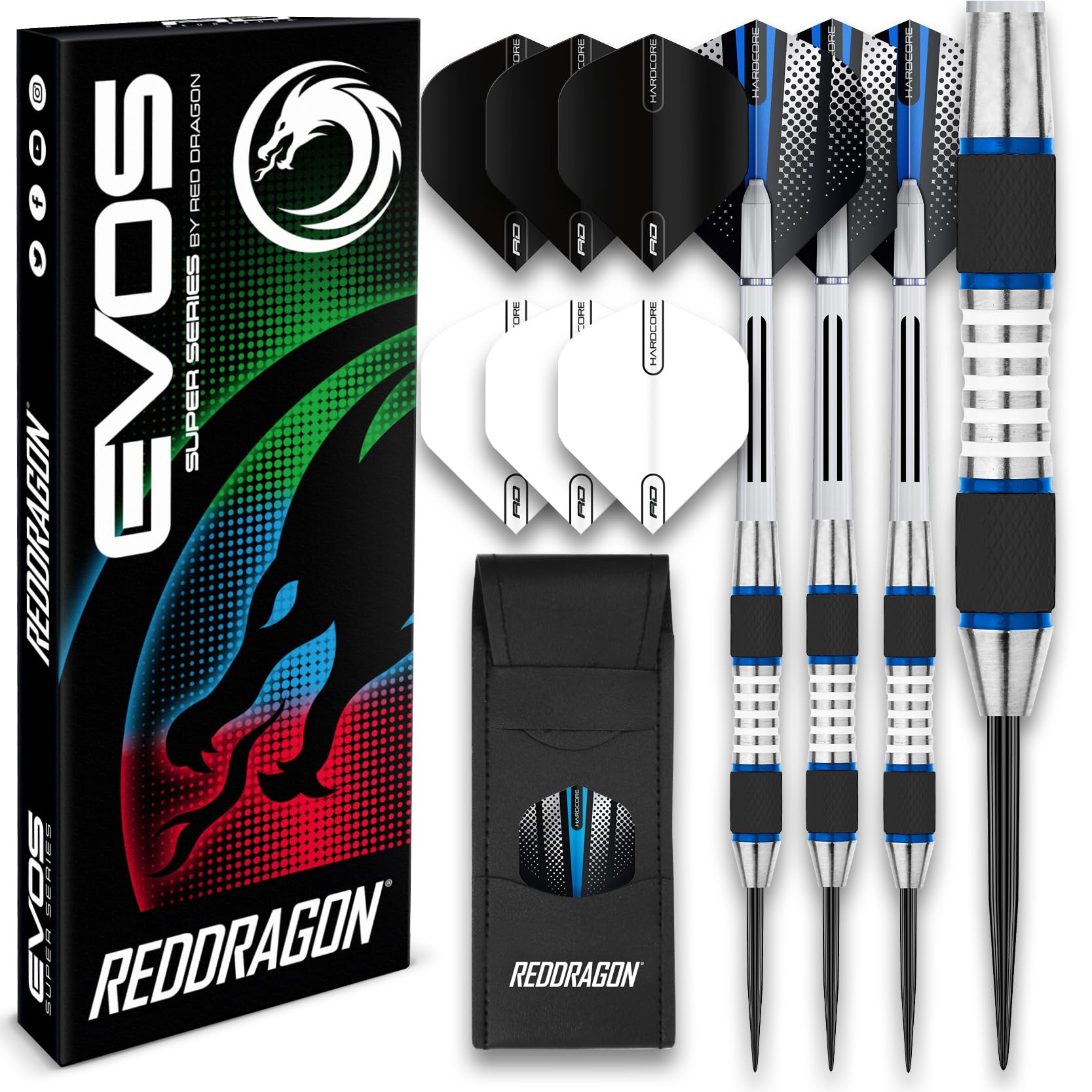 RED DRAGON Evos: 24 Gram Blau Tungsten Dartpfeile Profi Steel Darts Set mit Flights, Schäfte and Brieftasche