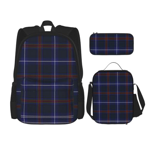 WURTON Gestreifte Karierte Druck Reise Lunchbox Federmäppchen Rucksack Set 3 Stück Verstellbare Träger Leicht, Schwarz, Einheitsgröße