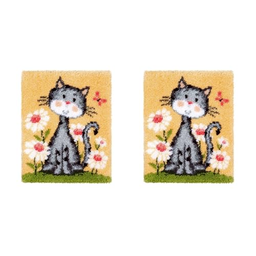 Uhidka 2X mit Riegel Haken Kits DIY Selbermachen HäKeln Teppiche Einhaken Kit mit Farbe Vorgedrucktem Muster Design für Erwachsene Kinder (Katze)