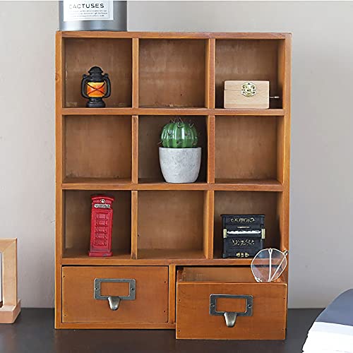 LoyaltyClivia Bücherregale,9 Fächer Holzregal Setzkasten,Holzregal Bücherregal, Standregal Würfelregal, 9 Würfel Holz Display Regalmit 2 Schubladen, Schreibtisch Organizer Braun