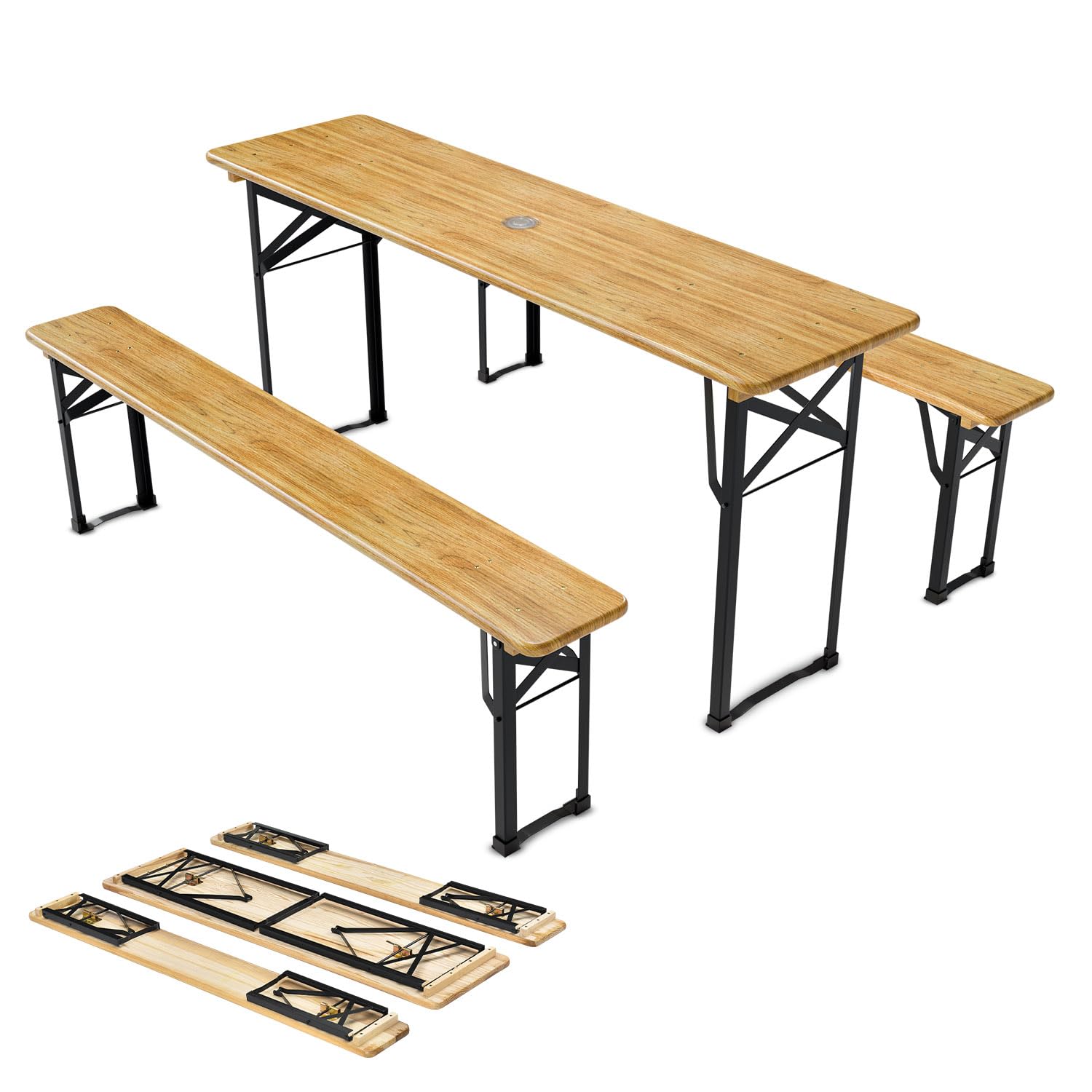 Juskys Bierzeltgarnitur Bichl 3-teilig & klappbar 170x46x77 cm - Gartenmöbel Set Biertisch & 2 Bierbänke - Festzeltgarnitur Holz Camping Garnitur