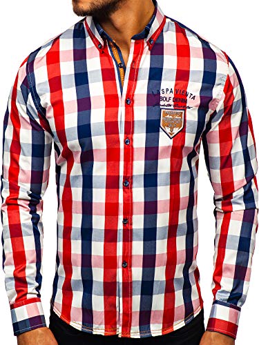 BOLF Herren Hemd Langarm Button-Down Kragen Slim Fit Streifen Muster Casual Style 1766-1 Rot S [2B2]