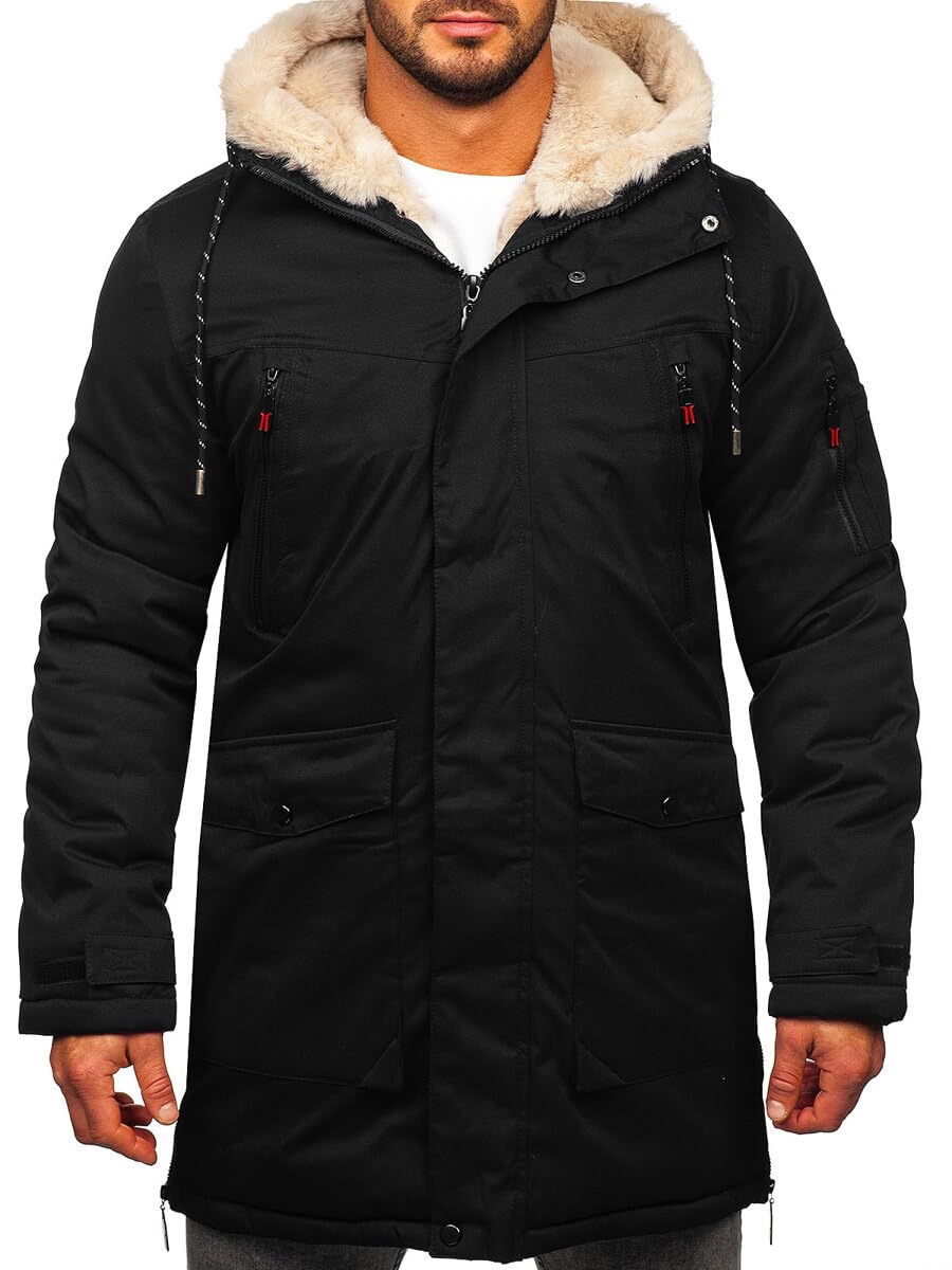 BOLF Herren Parka Jacke Winterjacke Gefüttert mit Kapuze Wintermantel Kapuzenjacke Lang Wärm Winter Herbst Freizeit Outdoor Casual Style 5M3123 Schwarz M [4D4]