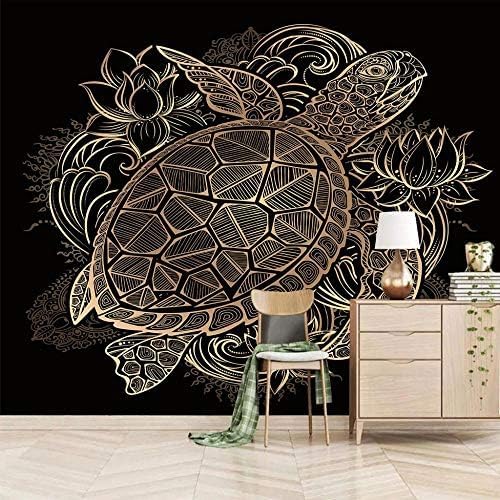 XLMING Goldene Hand Gemalt Schildkröte Und Lotusblume Schwarzer Hintergrund 3D Tapeten Home Esszimmer Sofa Schlafzimmer Wohnzimmer TV Hintergrund-350cm×256cm