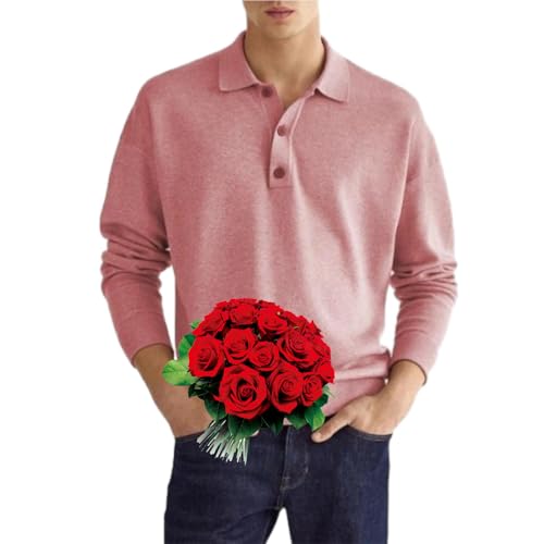 WINDEHAO Herren-Poloshirt mit lockerem Revers, langärmelig, Kragen mit 1/4-Knopf-Kragen, lässiges Golf-Shirt, leicht, bequem, Pullover, Sweatshirt (Rosa, XXL)