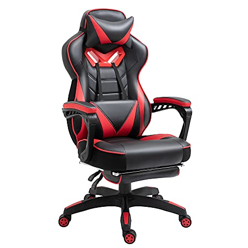 Vinsetto Ergonomischer Bürostuhl, Gaming Stuhl, Drehstuhl mit einziehbare Fußstütze und Verstellbarer Rücken Schaumstoff+PU-Leder+Metall, Schwarz+Rot, 65 x 70 x 118,5-126,5 cm