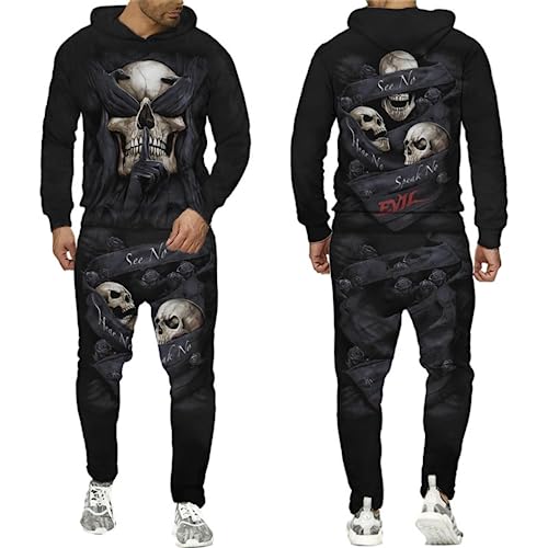 PALANK Herren Skull Trainingsanzug Sportanzug 3D Sportswear Jogging Anzug Hoodie und Hose (A4,2XL)