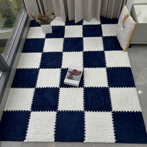 30 Stück Fuzzy 12x12 Zoll Teppichquadrate, ineinandergreifende Plüsch-Bodenfliesen, Puzzleteil-Bodenmatte, Puzzlematte für Spielzimmer, Wohnzimmer, Marineblau + Weiß, 0,23 Zoll