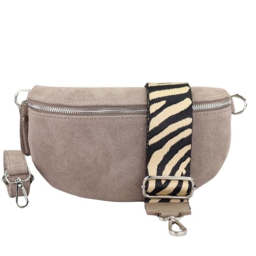 BLADE Bauchtasche Damen, Handgemachte Wildledertasche, Crossbody Bag, Gürteltasche Echtes Leder mit 2 abnehmbaren/verstellbaren breiten Gürteln, Umhängetasche aus Italien, Geschenk für Sie -Taupe