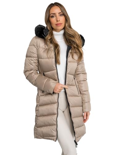 BOLF Damen Winterjacke Parka Gefüttert mit Kunstfell Kapuze Wintermantel Lange Steppjacke Daunenjacke Puffermantel Sportjacke Warm Gefüttert Freizeit Outdoor Casual Style B8202 Beige L [D4D]