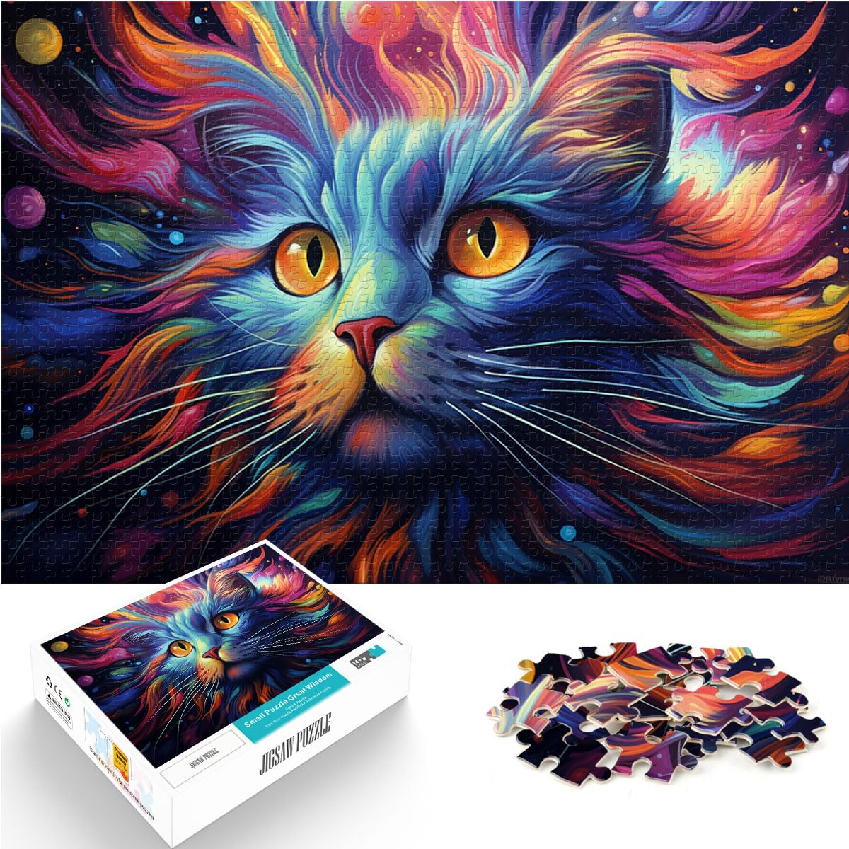 Puzzlespiel, farbenfrohe psychedelische exotische Katzen, 1000-teiliges Puzzle, Holzpuzzle, anspruchsvoll, Aber unterhaltsam und humorvoll, 1000 Teile (50 x 75 cm)