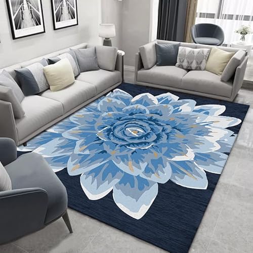 Teppich Blaue Blumen Großer Schmutzabweisender Polyester Teppich,Maschinenwaschbar Rutschfester Vintage-Teppich Wasserdichter Teppich Für Schlafzimmer Wohnzimmer Büro,200X300Cm