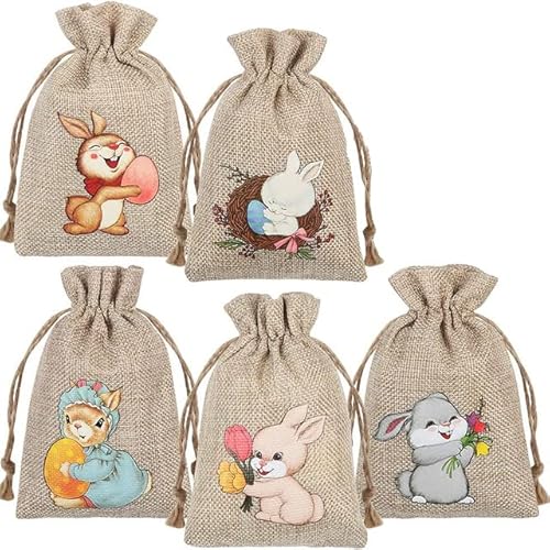 5 Stück Sackleinen mit Kordelzug, Hase, Süßigkeiten, Geschenktüten, Kind, Junge, Mädchen, Eiersuche, Korb, rustikal, Land, fröhlich, Partydekoration, 1 Set, 13 x 18 cm