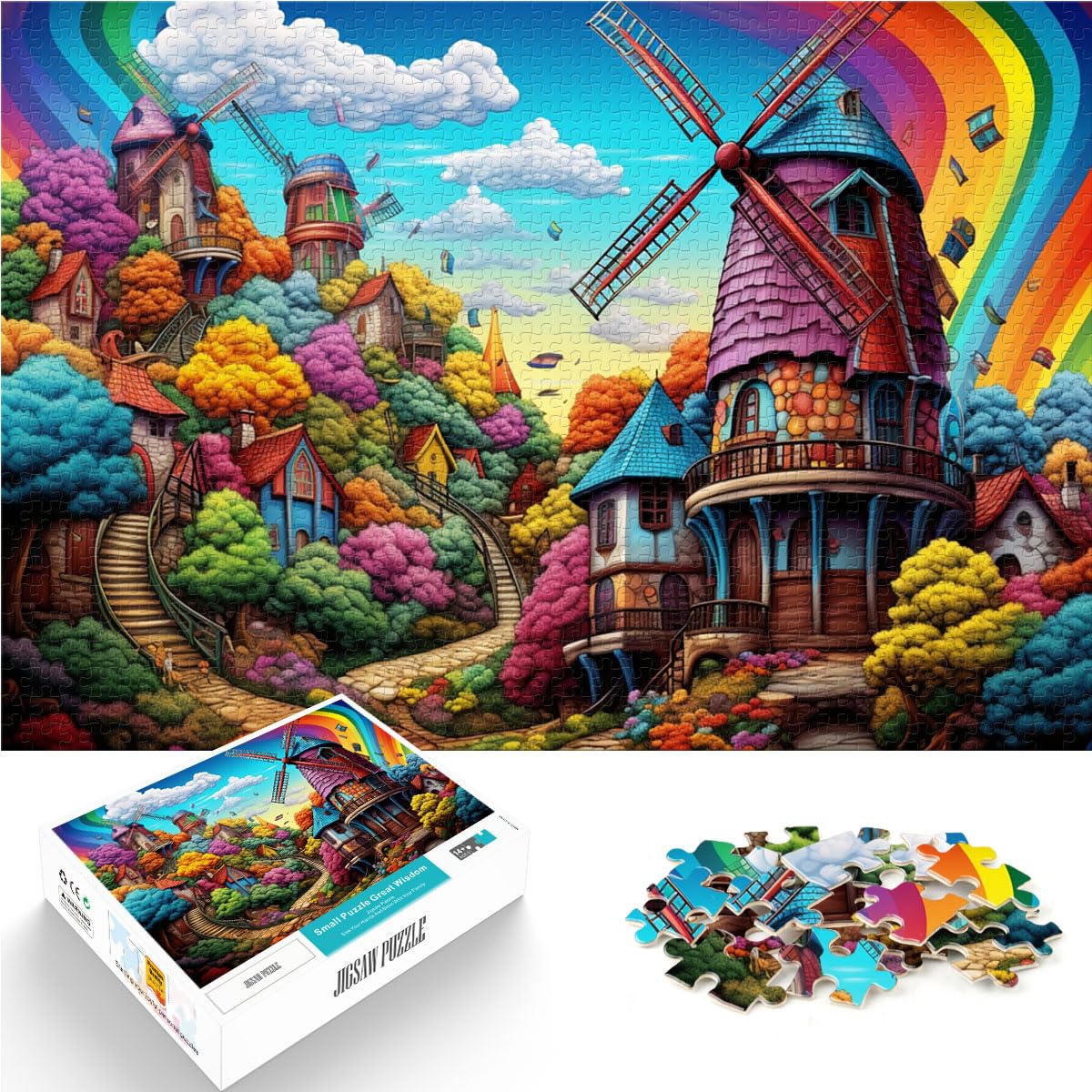 Puzzle-Geschenk, farbenfrohe Regenbogen-Windmühlenstadt, 1000-teiliges Puzzle für Erwachsene, anspruchsvolles, unterhaltsames Familienspiel, 1000 Teile (50 x 75 cm)