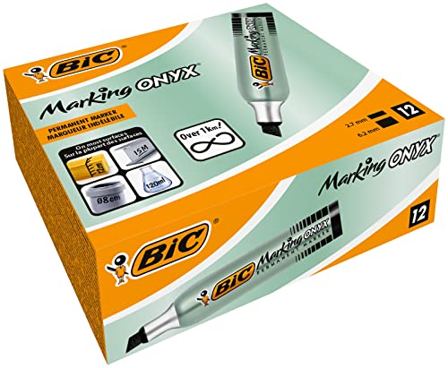 BIC Marking Onyx Permanent Marker, Wasserfester Stift, in Schwarz, 12er Pack, mit Keilspitze, Strichstärke: 2.7 mm bis 6.2 mm, schnelltrocknend