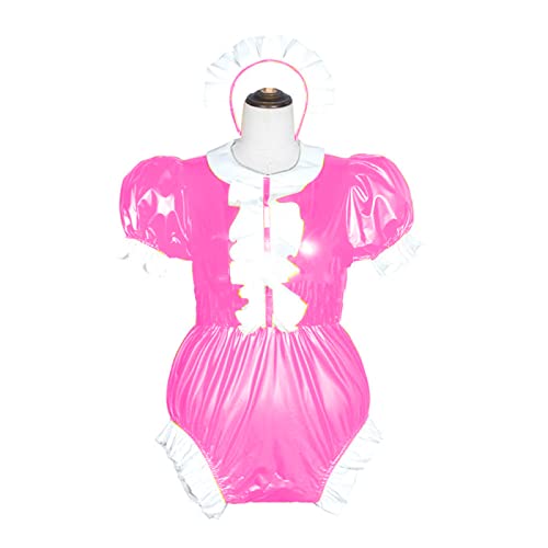 Damen-Body mit Wetlook, PVC, Rollkragen, Bodysuit, Leder, Puffärmel, Rosa, 5XL