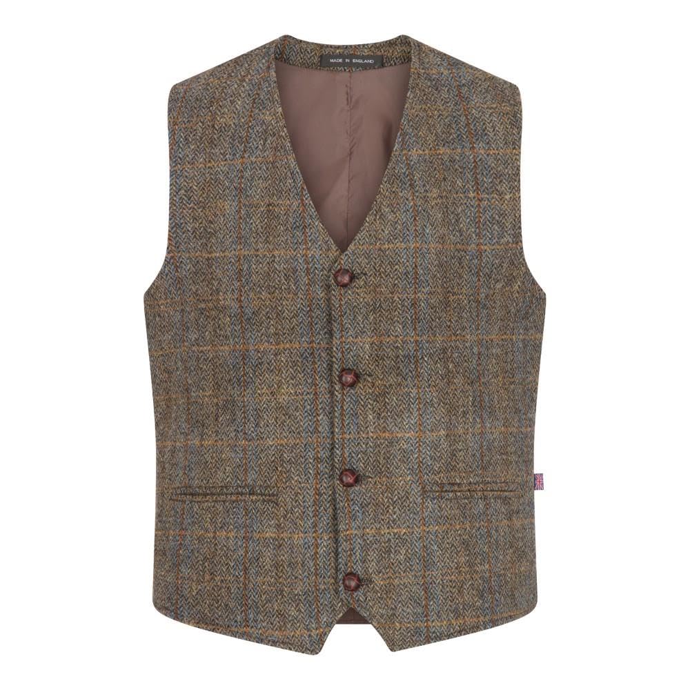 WALKER AND HAWKES Herren Country-Weste - Klassisch Schottisch aus Harris-Tweed - Fischgrätmuster - Overcheck-Tartanmuster - Clinton-Braun - EU 54 (UK 44)