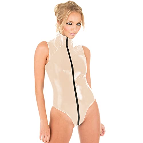 PVC-Body in Übergröße, 2-Wege-Reißverschluss, offener Schritt, ärmellos, hoch geschnittener Overall, Neuheit, Catsuit, Beige, M