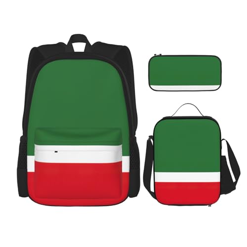 WURTON Flagge der Tschetschenischen Republik Druck Reise Lunchbox Federmäppchen Rucksack Set 3 Stück Verstellbare Träger Leicht, Schwarz, Einheitsgröße, Schwarz, One Size