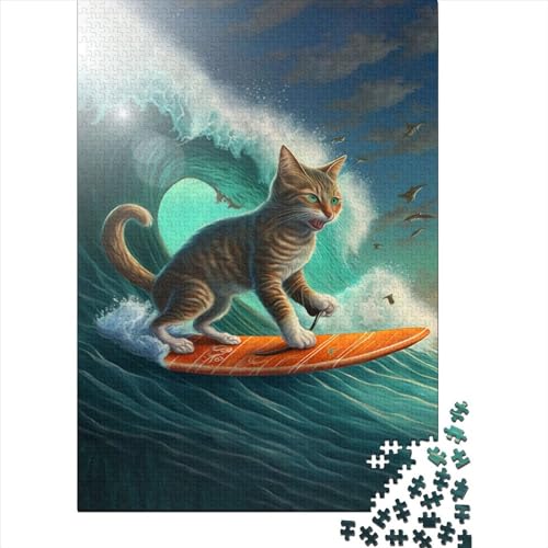 Lustiges Puzzle mit surfender Katze,Puzzle für Erwachsene und Teenager,schwierige,anspruchsvolle Puzzles,1000-teiliges Puzzle für Erwachsene,Lernspiel,Herausforderungsspielzeug (Größe: 75x50 cm)