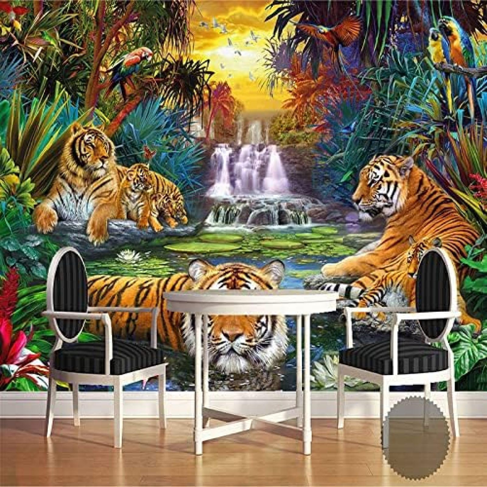 XLMING Wald Wasserfälle Tiger Tiere 3D Tapete Wohnzimmer Sofa Schlafzimmer Esszimmer Home Dekoration Wand-430cm×300cm