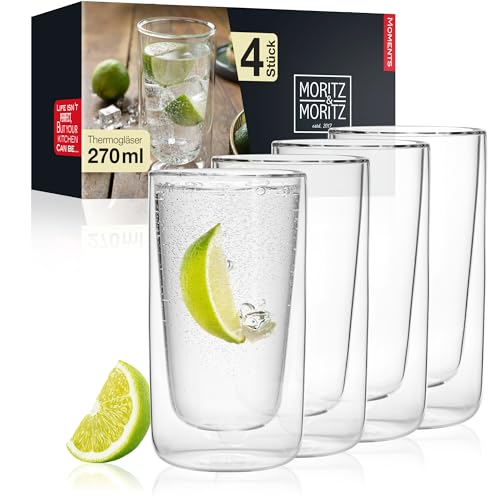 Moritz & Moritz 4x 270 ml Trinkgläser Set Doppelwandig - Doppelwandige Gläser für Cocktails, Wasser, Tee, Kaffee oder Longdrinks - Spülmaschinengeeignet