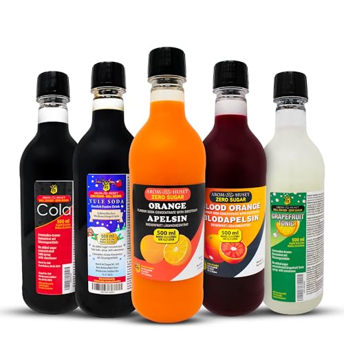 5er-Pack Aromhuset-Limonadenkonzentrat - Cola, Grapefruit-Tonic, Orangen, Blutorangen och Julmust Yule Soda