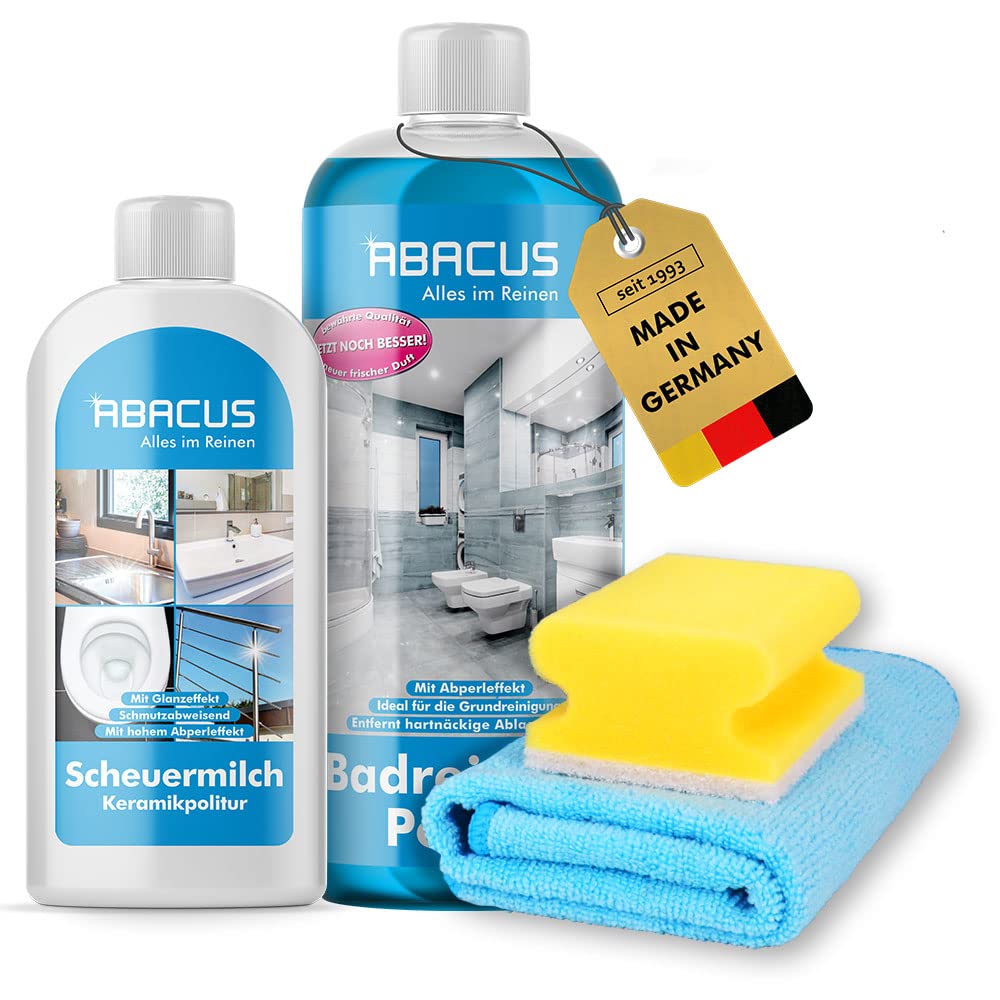 ABACUS® Profi Scheuermilch Set mit Lotus- & Glanzeffekt, für Küche & Bad inkl. Badreiniger Power Konzentrat, Reinigungsmilch, Sanitärpolitur, Keramikpolitur, Edelstahlpolitur – Scheuermilch Set Power