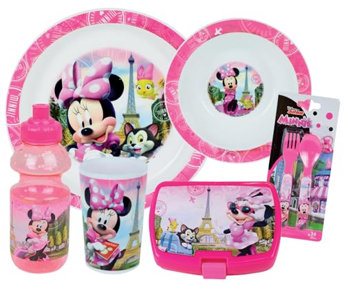 Disney Minnie Geschirrset für Kinder mit 1 Glas 220 ml, 1 Suppenteller Ø 16 cm, 1 Teller Ø 22 cm, 1 Trinkbecher 350 ml, 1 Snackbox und 2 Deckeln, Höhe 13,5 cm – wiederverwendbares Geschirr