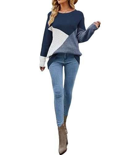 Farbblock-Pullover Für Damen, Patchwork-Pullover Mit Zopfmuster, Langärmliger Rundhalsausschnitt, Lockere Passform, Bunte Freizeitpullover, Elegantes Sweatshirt Für Damen, Blau, M