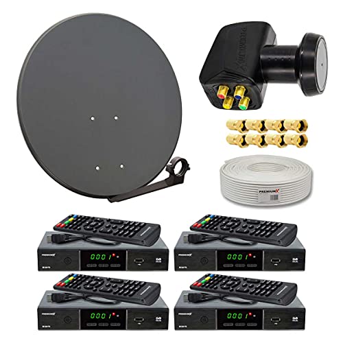 PremiumX Satelliten-Komplettanlage 4 Teilnehmer 60cm Antenne Anthrazit SAT Quad LNB 50m Antennenkabel 4X HDTV Satelliten Receiver