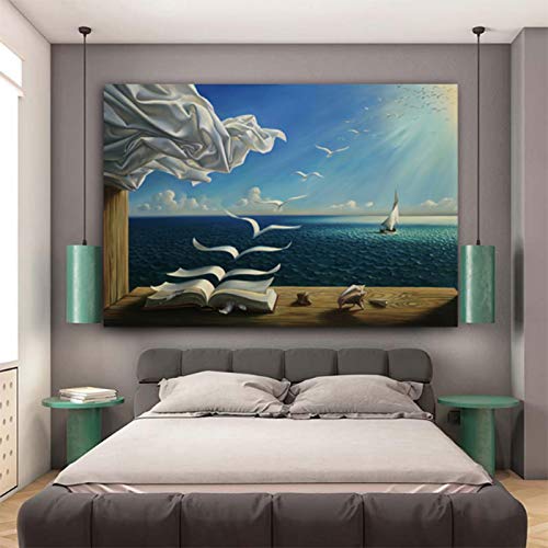 HOLEILUCK Salvador Dali Landschaft Leinwand Gemälde Poster und Drucke Wellen Buch Segelboot Wandkunst Bild für Wohnzimmer Wohnkultur 60 x 80 cm (24 x 32 Zoll) Mit Rahmen