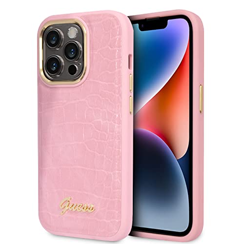 Guess Schutzhülle für iPhone 14 Pro Max in Rosa Kroko-Muster, PU-Leder Schutzhülle & Anti-Kratzer Case mit Zugänglichen Anschlüssen, Stoßdämpfung & Signature Logo