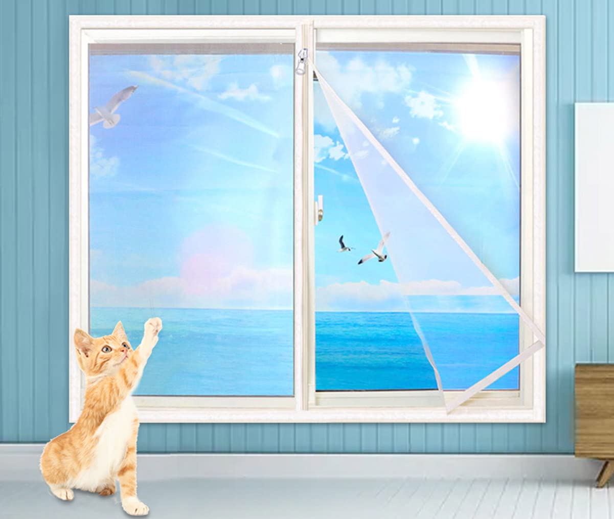 XWanitd Katzensicherheits-Fensterschutz, Mückenschutz, Balkonnetze, kratzfest, Katzennetz, selbstklebend, Fensternetz, DIY-Größe, Reißverschluss (150 x 150 cm, Reißverschluss-A)