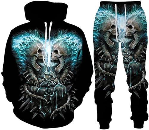 RIAAJ 3D Schädel Hoodie Männer Trainingsanzug Jogging Set Männer Sportanzug Männer Sweatshirt Hosen (A1,2XL)