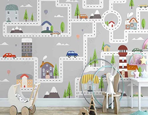 XLMING Handbemaltes Cartoon-Straßenhaus-Ornament Küche Esszimmer Arbeitszimmer Wohnzimmer TV Hintergrund Wand 3D Tapete-300cm×210cm